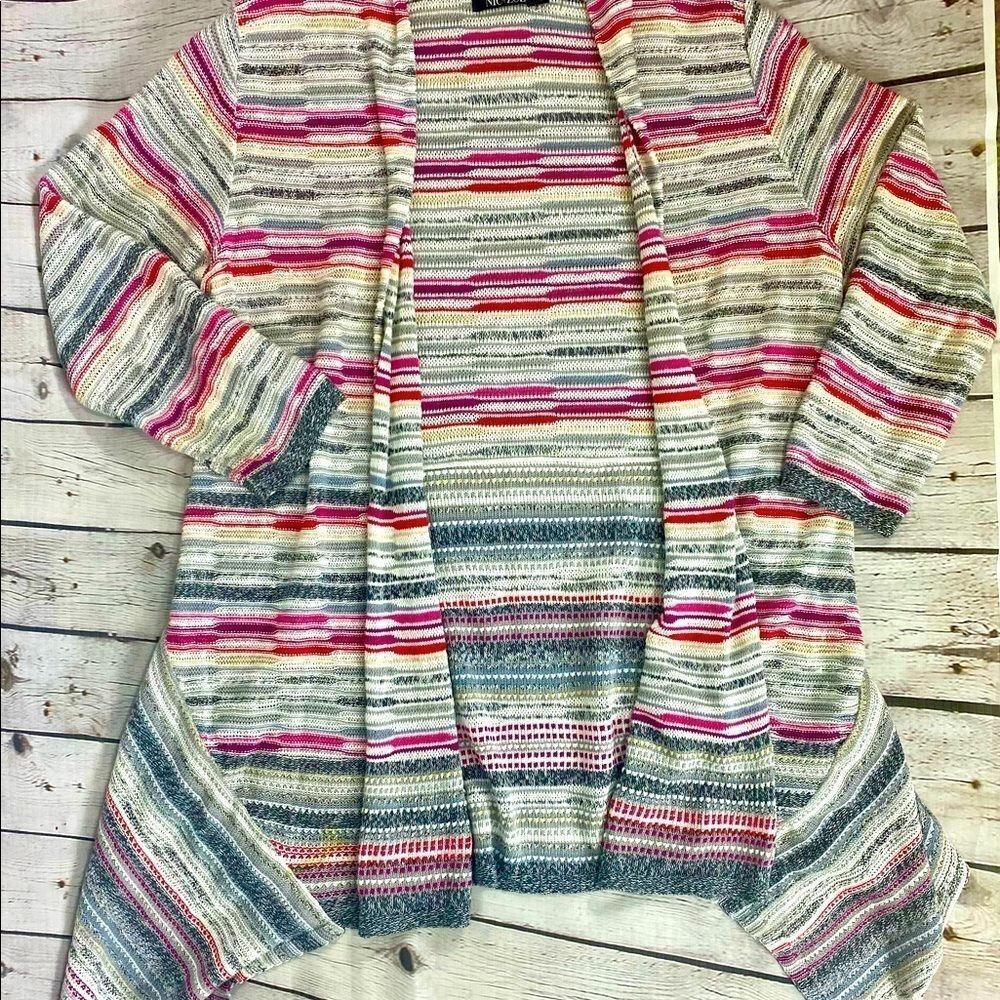 NIC + ZOE White Cream Gray Pink Striped Open Waterfall Sweater Cardigan Small